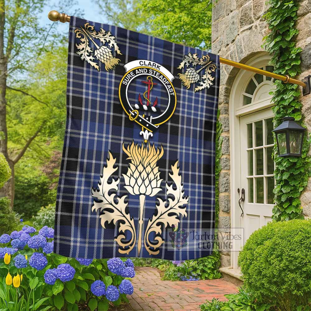 Clark (Clarke) Tartan Garden Flag with Golden Regal Scottish Thistle Emblem - Tartan Vibes Clothing
