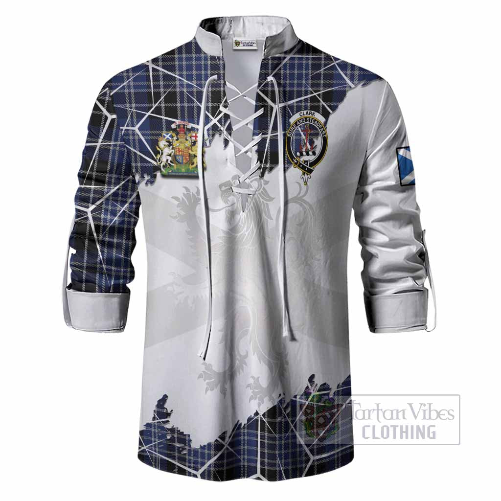 Clark (Clarke) Tartan Ghillie Shirt with Family Crest and Lion Rampant Grunge Style