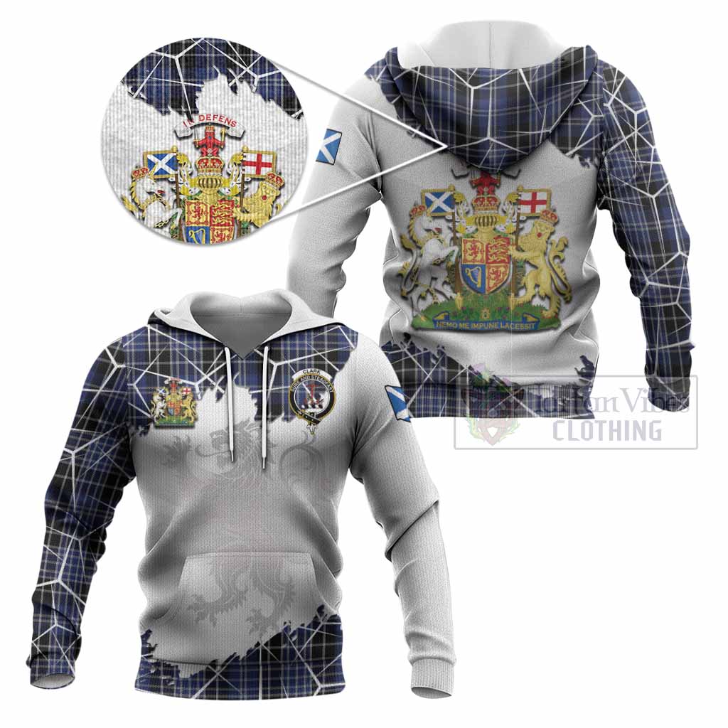 Clark (Clarke) Tartan Knitted Hoodie with Family Crest and Lion Rampant Grunge Style