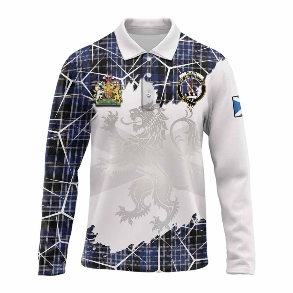 Clark (Clarke) Tartan Long Sleeve Polo Shirt with Family Crest and Lion Rampant Grunge Style