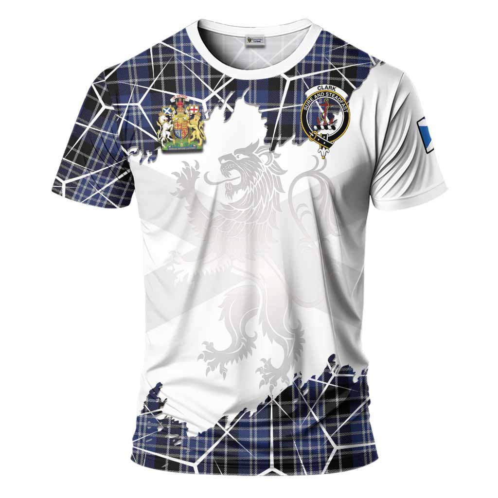 Clark (Clarke) Tartan T-Shirt with Family Crest and Lion Rampant Grunge Style
