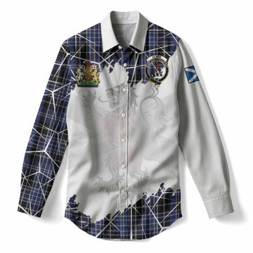 Clark (Clarke) Tartan Women Casual Shirt with Family Crest and Lion Rampant Grunge Style