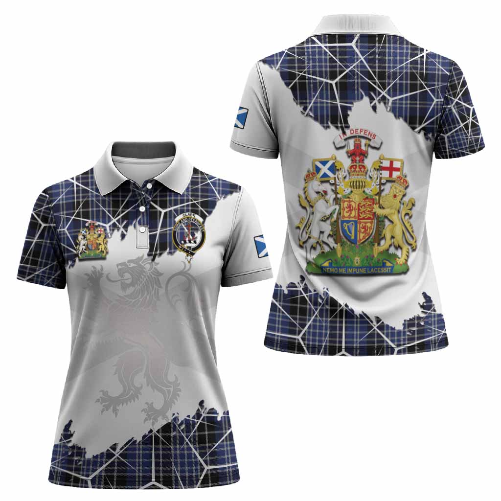 Clark (Clarke) Tartan Women Polo Shirt with Family Crest and Lion Rampant Grunge Style
