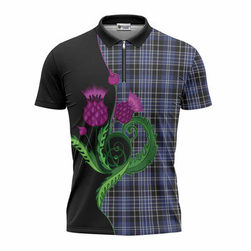 Clark (Clarke) Tartan Zipper Polo Shirt Traditional Scottish Thistle