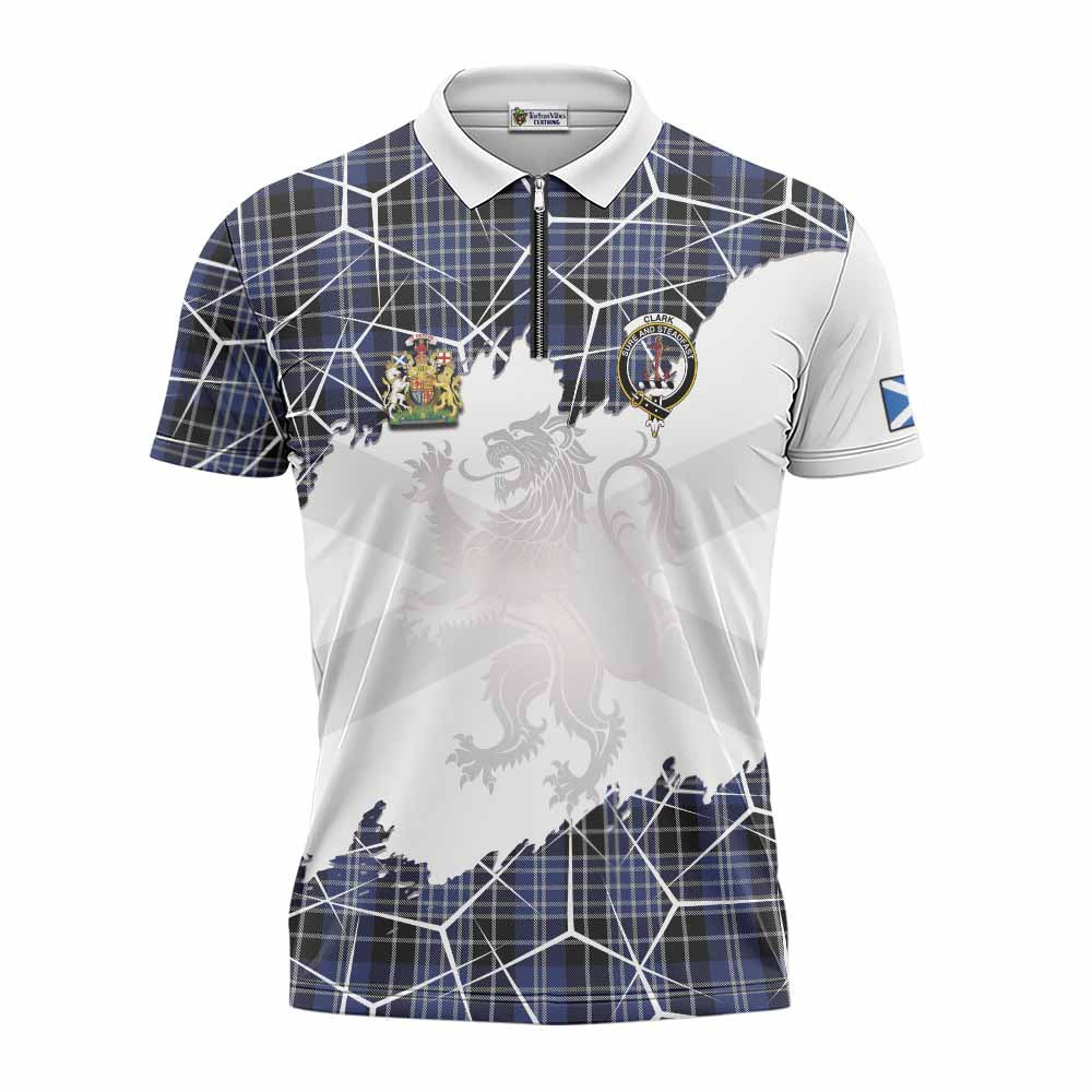 Clark (Clarke) Tartan Zipper Polo Shirt with Family Crest and Lion Rampant Grunge Style