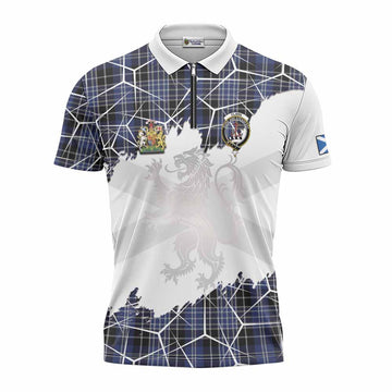 Clark (Clarke) Tartan Zipper Polo Shirt with Family Crest and Lion Rampant Grunge Style
