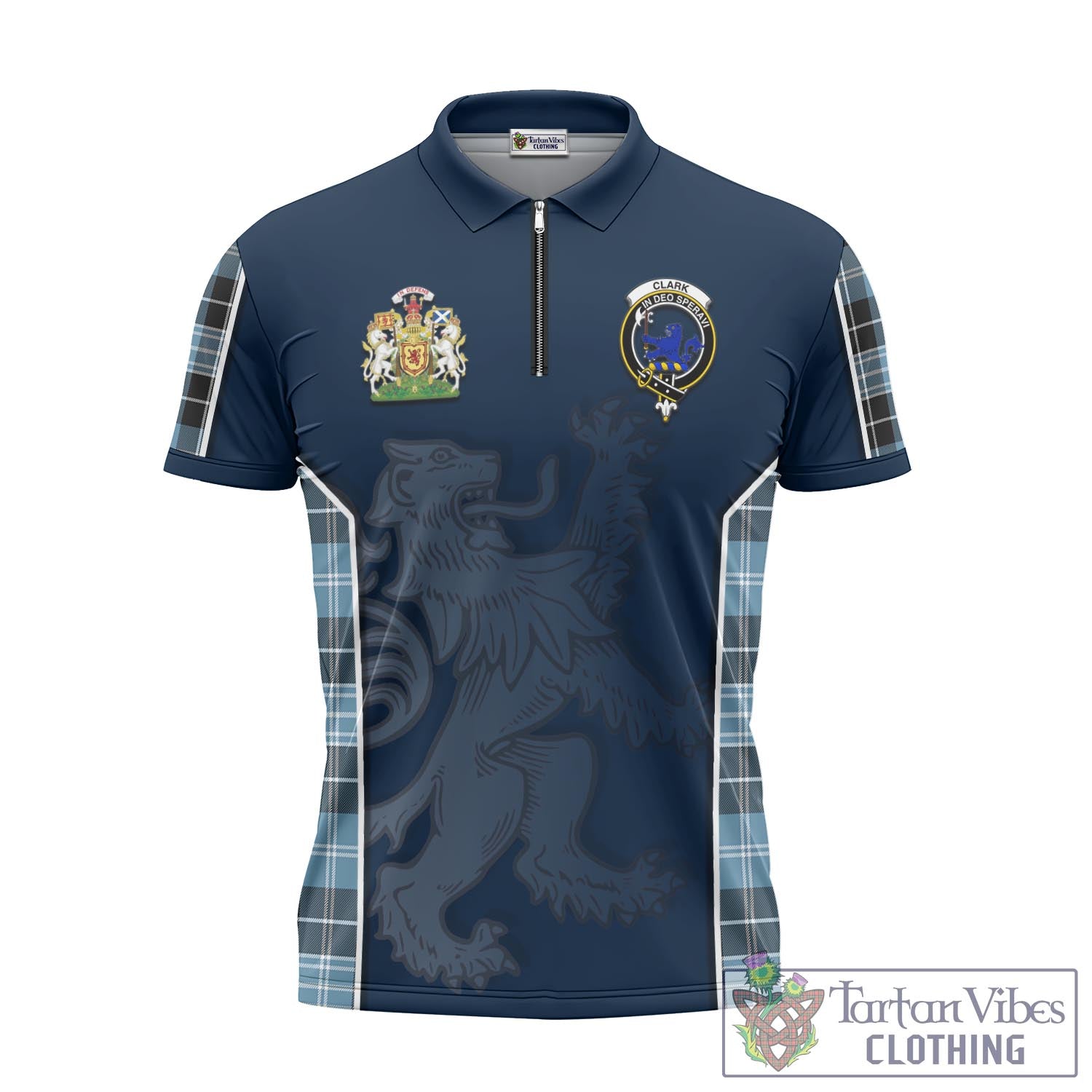 Tartan Vibes Clothing Clark (Lion) Ancient Tartan Zipper Polo Shirt with Family Crest and Lion Rampant Vibes Sport Style