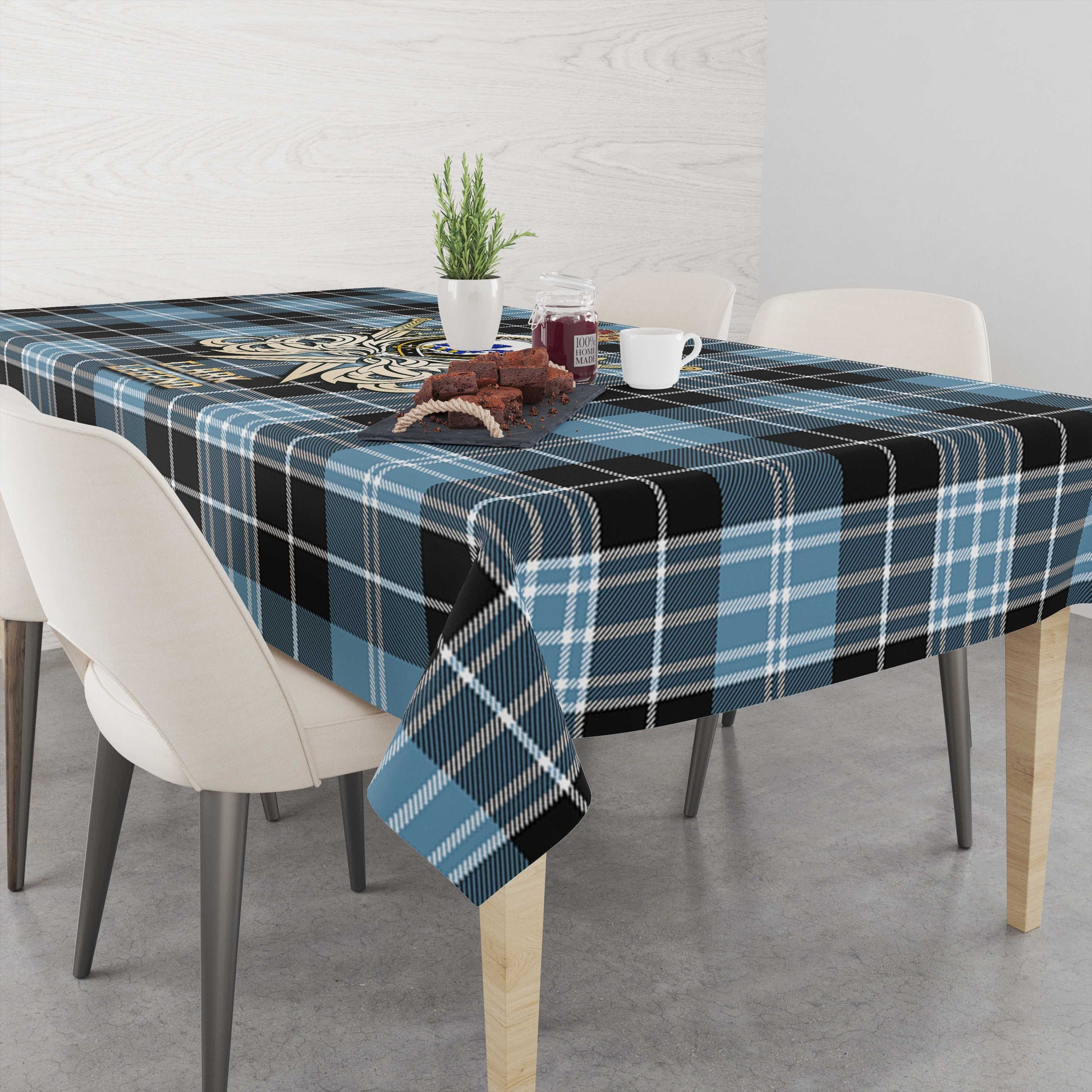 Tartan Vibes Clothing Clark (Lion) Ancient Tartan Tablecloth with Clan Crest and the Golden Sword of Courageous Legacy