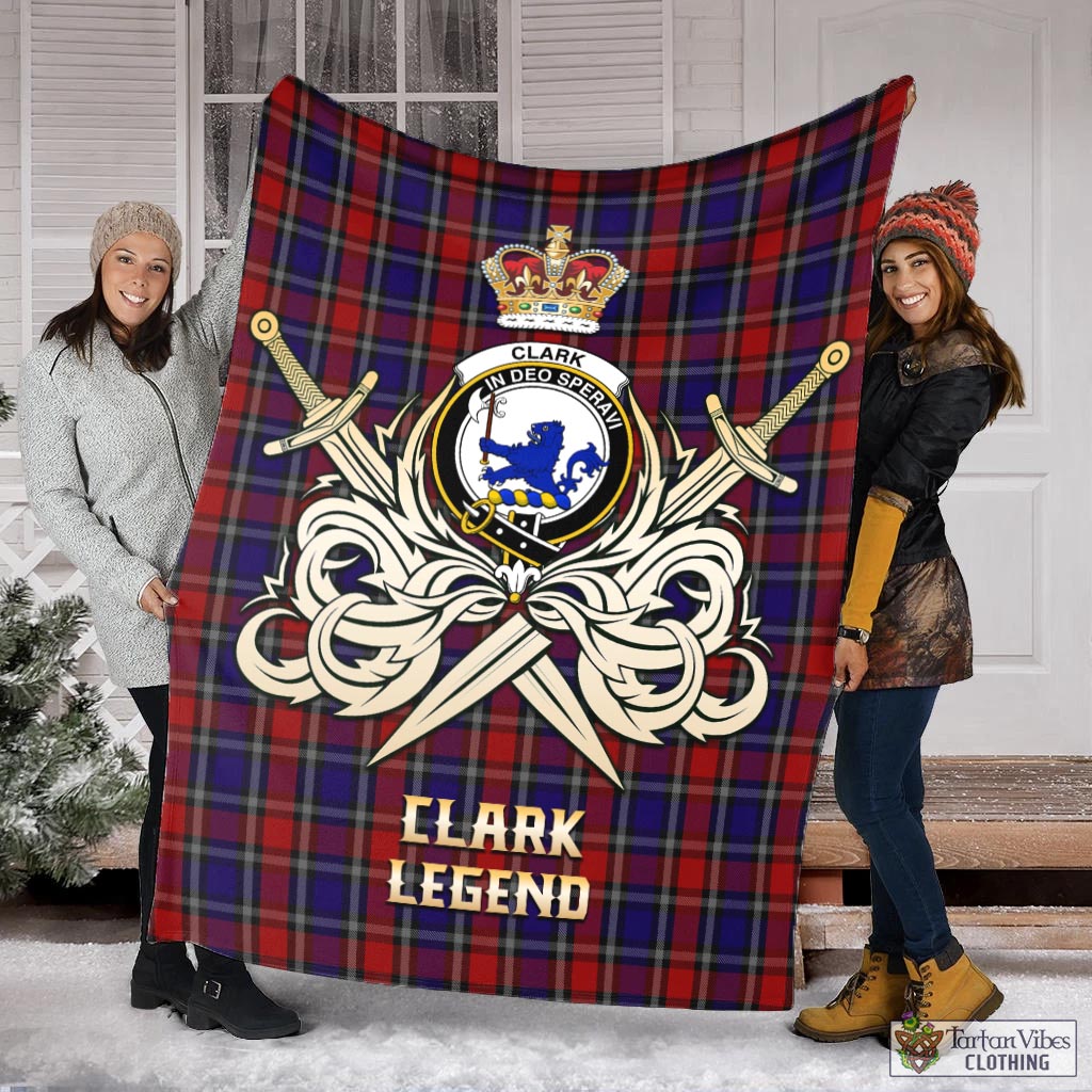 Tartan Vibes Clothing Clark (Lion) Red Tartan Blanket with Clan Crest and the Golden Sword of Courageous Legacy
