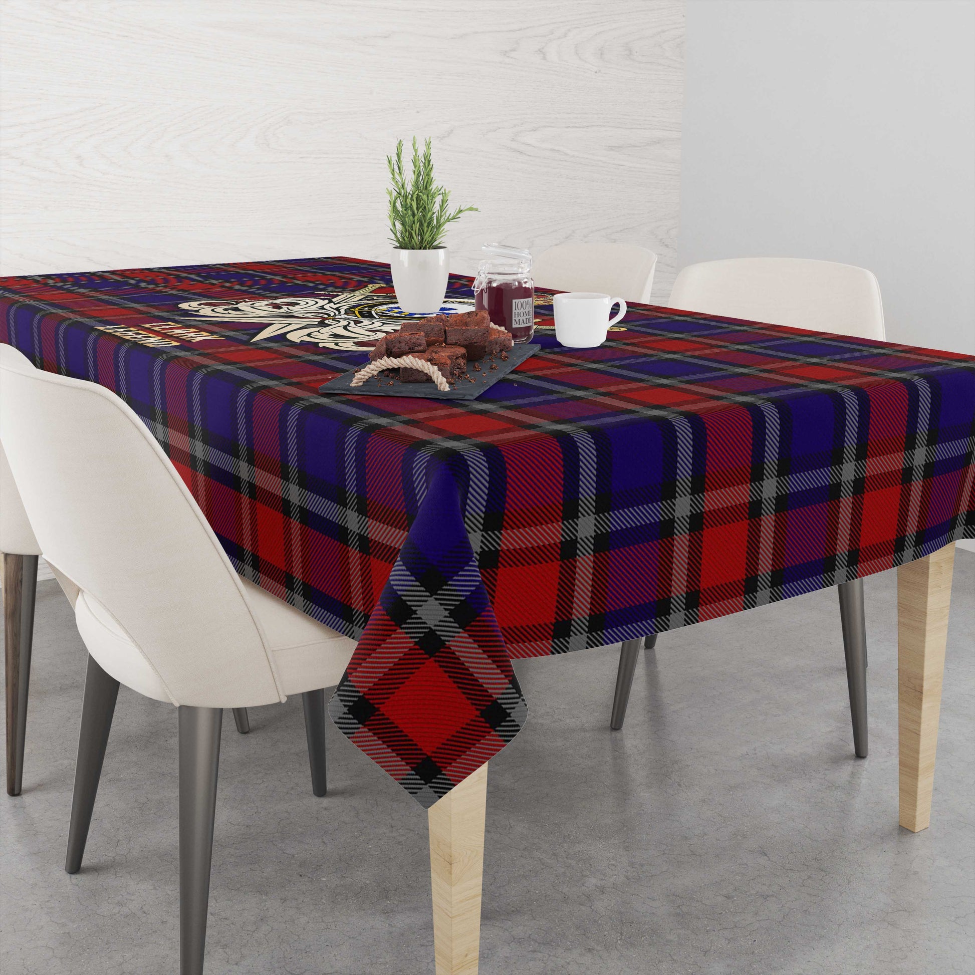 Tartan Vibes Clothing Clark (Lion) Red Tartan Tablecloth with Clan Crest and the Golden Sword of Courageous Legacy