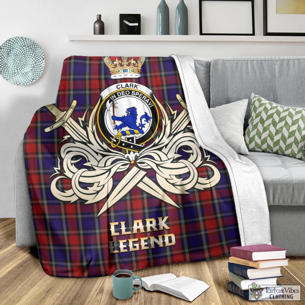 Tartan Vibes Clothing Clark (Lion) Red Tartan Blanket with Clan Crest and the Golden Sword of Courageous Legacy