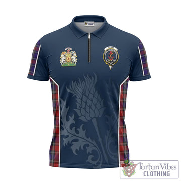 Clark Red Tartan Zipper Polo Shirt with Family Crest and Scottish Thistle Vibes Sport Style
