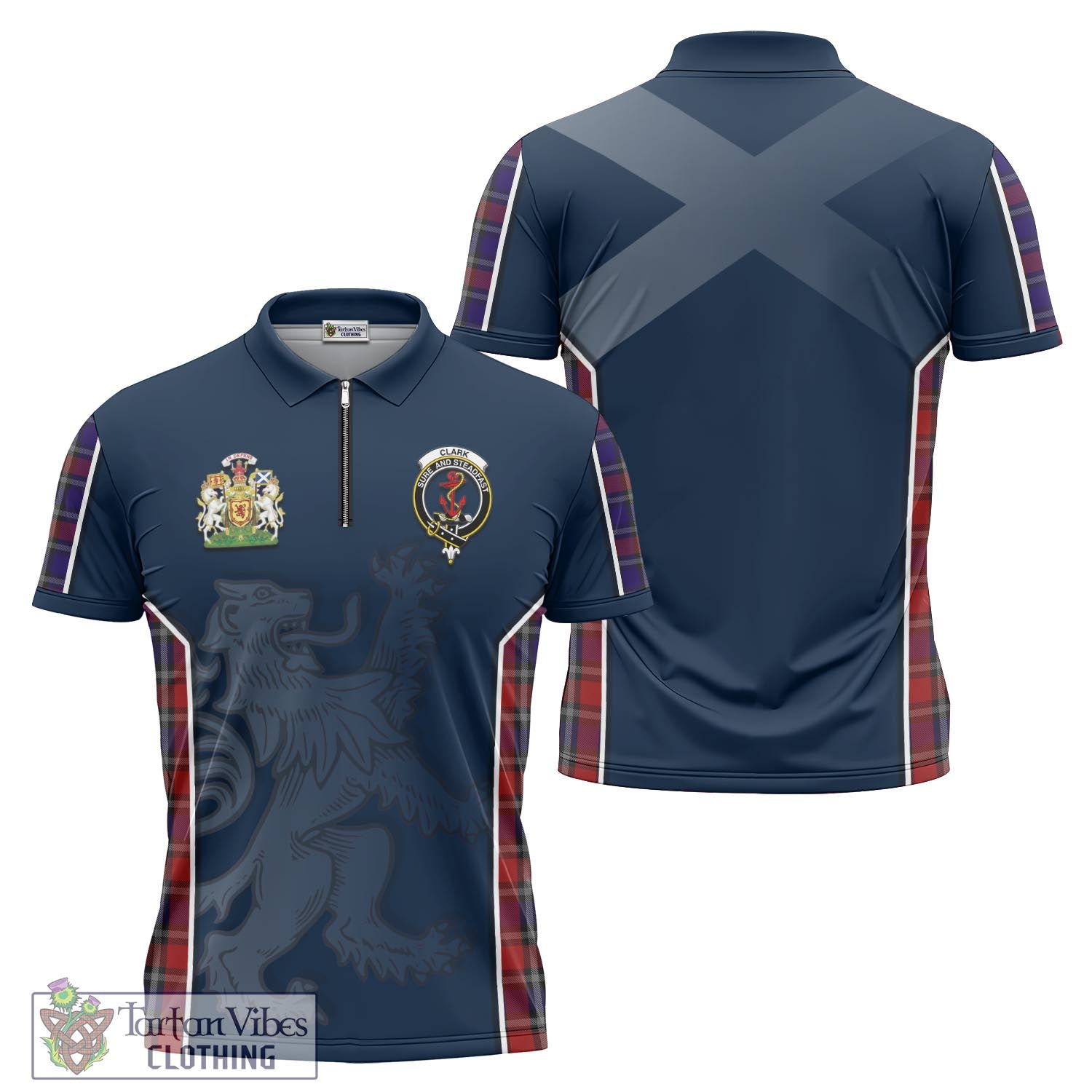Tartan Vibes Clothing Clark Red Tartan Zipper Polo Shirt with Family Crest and Lion Rampant Vibes Sport Style