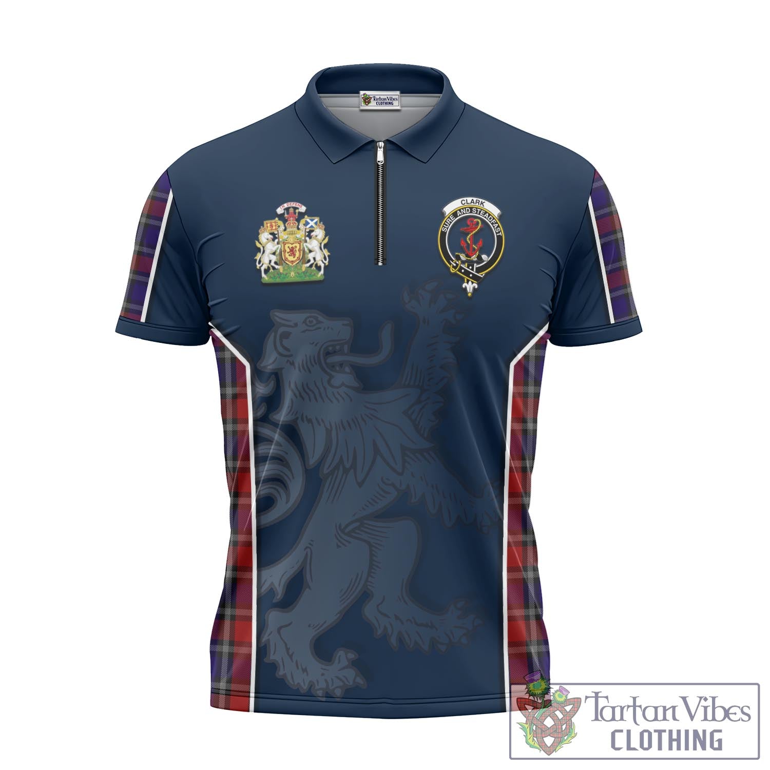 Tartan Vibes Clothing Clark Red Tartan Zipper Polo Shirt with Family Crest and Lion Rampant Vibes Sport Style