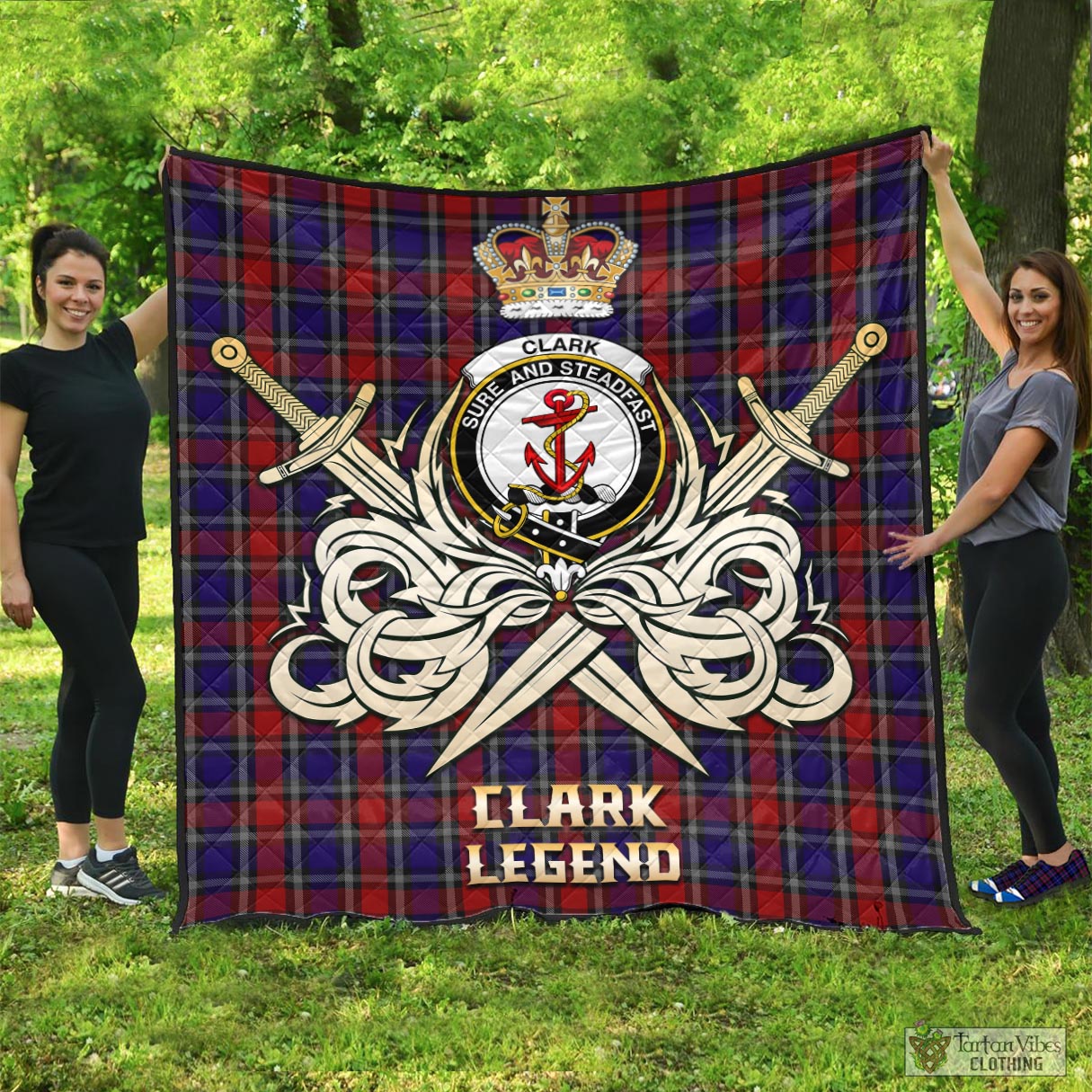 Tartan Vibes Clothing Clark Red Tartan Quilt with Clan Crest and the Golden Sword of Courageous Legacy