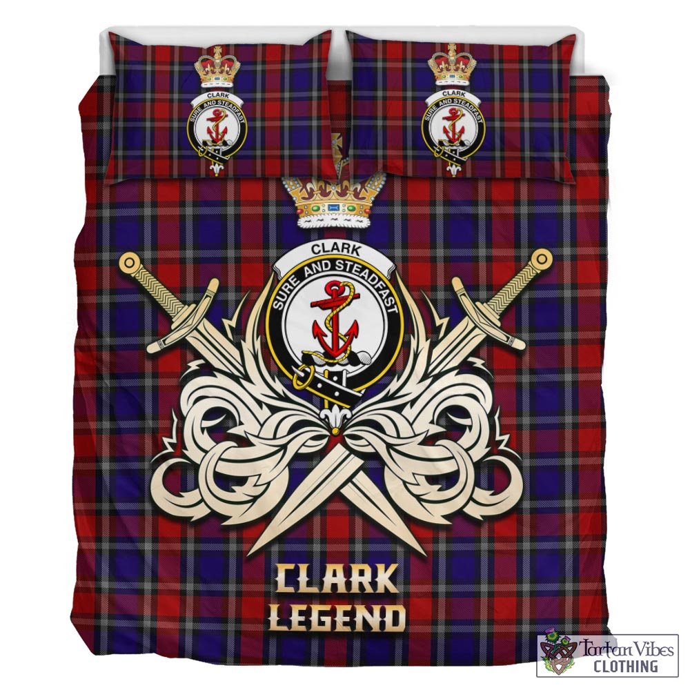 Tartan Vibes Clothing Clark Red Tartan Bedding Set with Clan Crest and the Golden Sword of Courageous Legacy