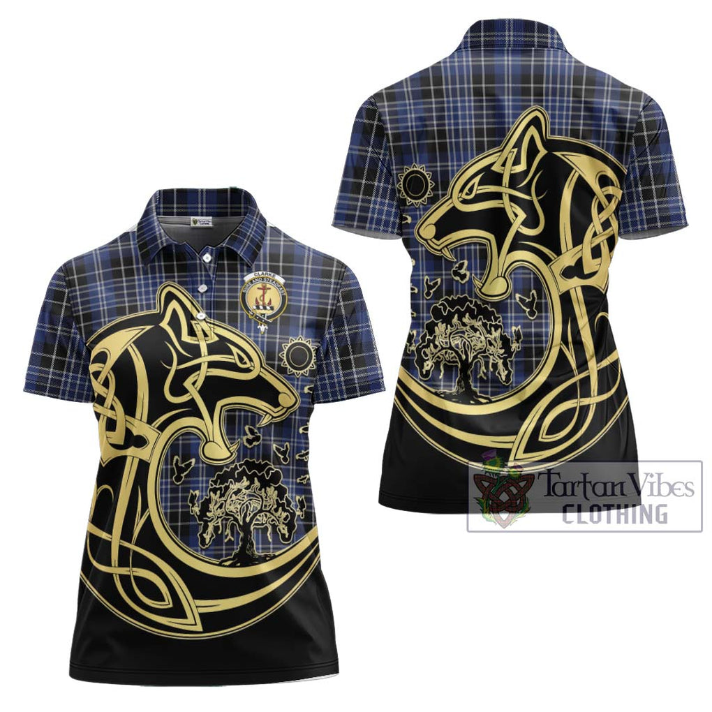Clarke Tartan Women's Polo Shirt with Family Crest Celtic Wolf Style Women - Tartan Vibes Clothing