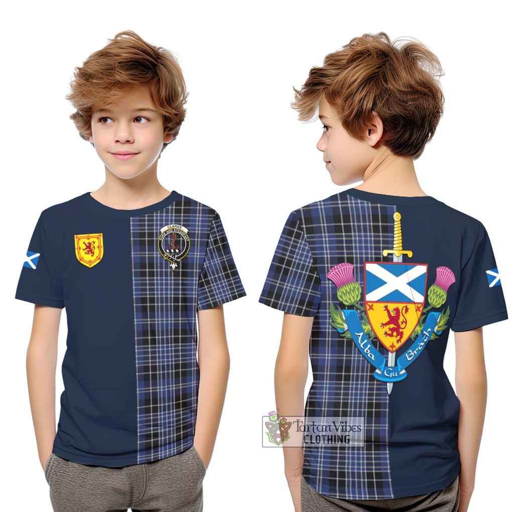 Clarke Tartan Kid T-Shirt Alba with Scottish Lion Royal Arm Half Style Youth XL Size14 - Tartan Vibes Clothing