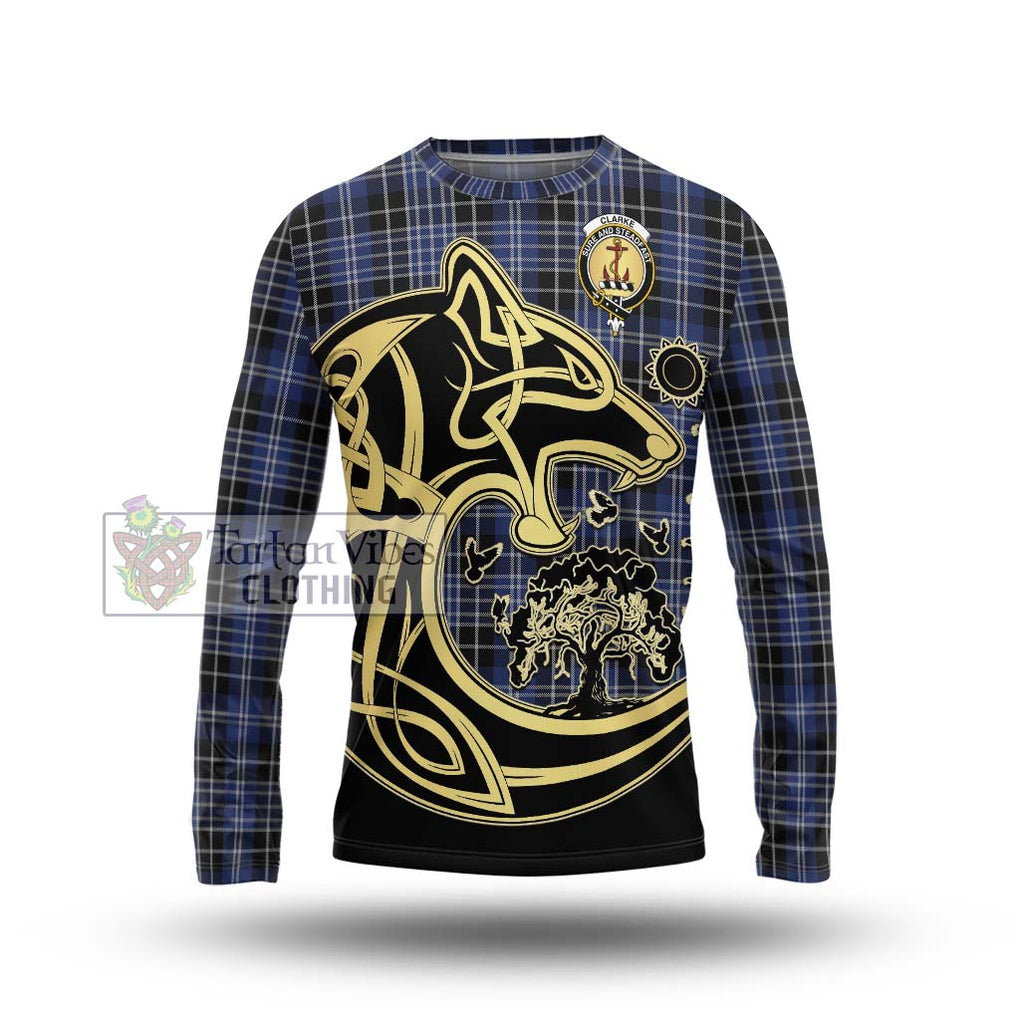 Clarke Tartan Long Sleeve T-Shirt with Family Crest Celtic Wolf Style Unisex - Tartan Vibes Clothing