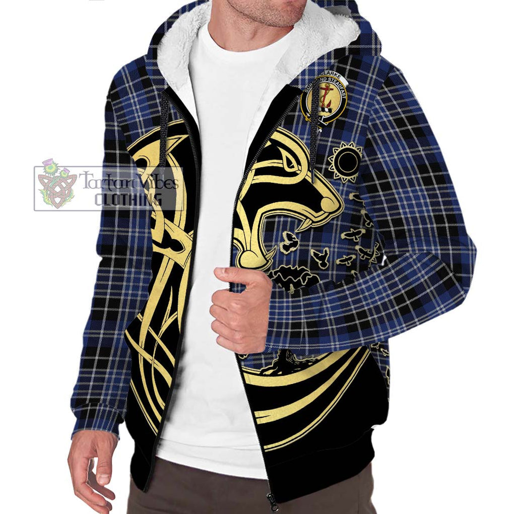 Clarke Tartan Sherpa Hoodie with Family Crest Celtic Wolf Style Unisex S - Tartan Vibes Clothing