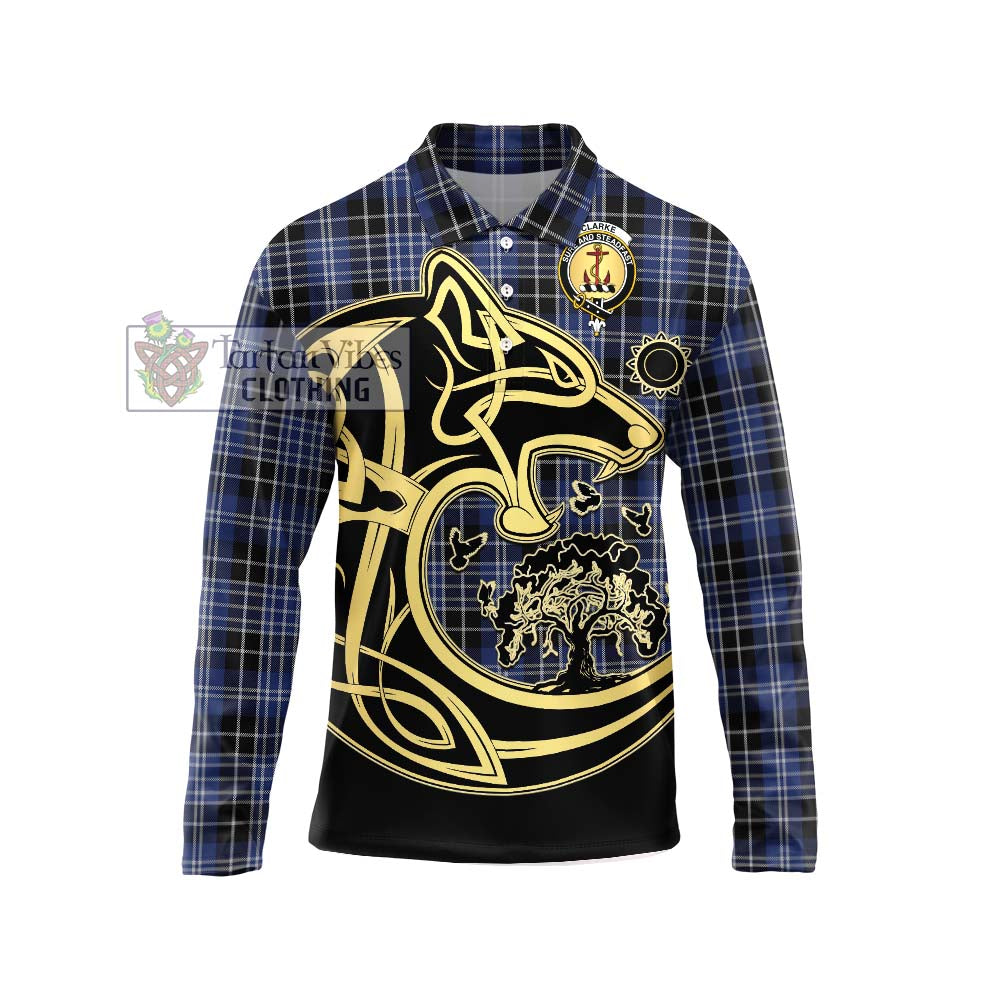 Clarke Tartan Long Sleeve Polo Shirt with Family Crest Celtic Wolf Style Unisex - Tartan Vibes Clothing