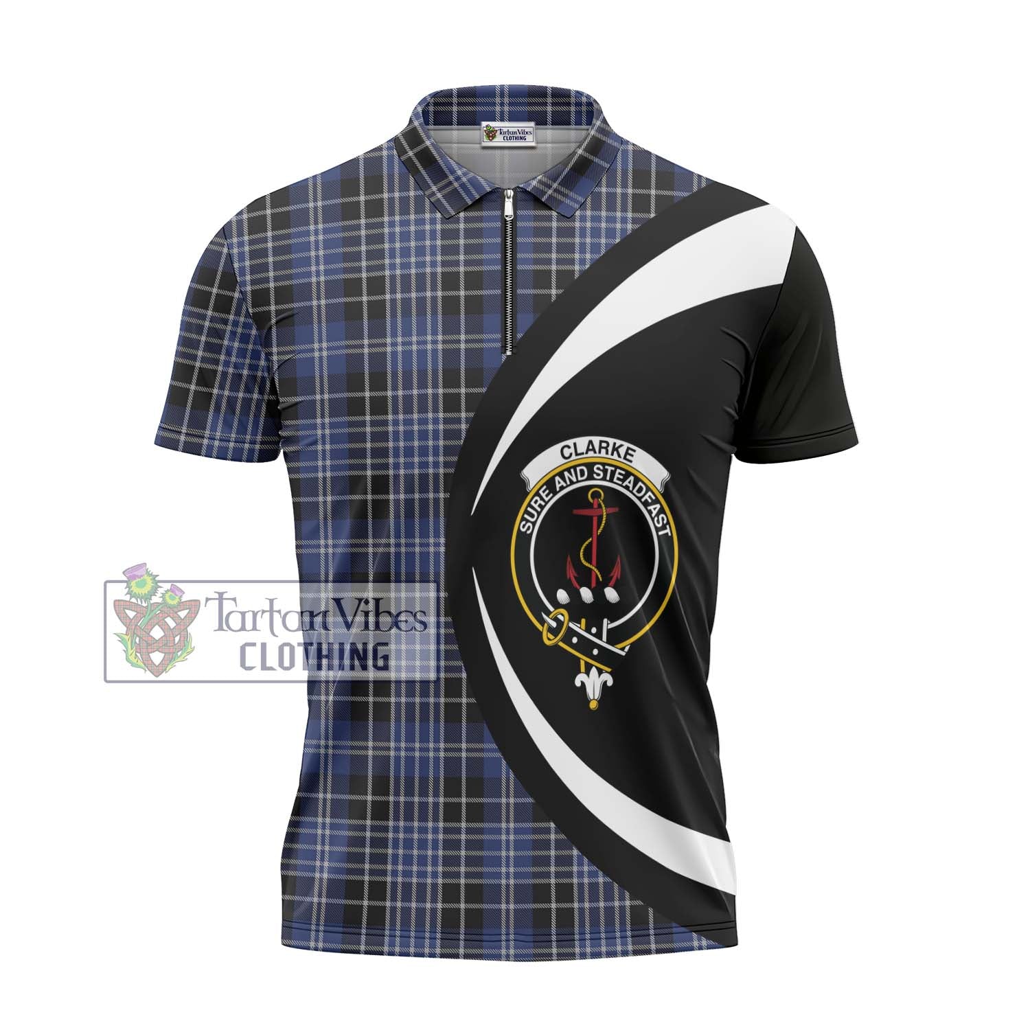 Clarke Tartan Zipper Polo Shirt with Family Crest Circle Style - Tartan Vibes Clothing
