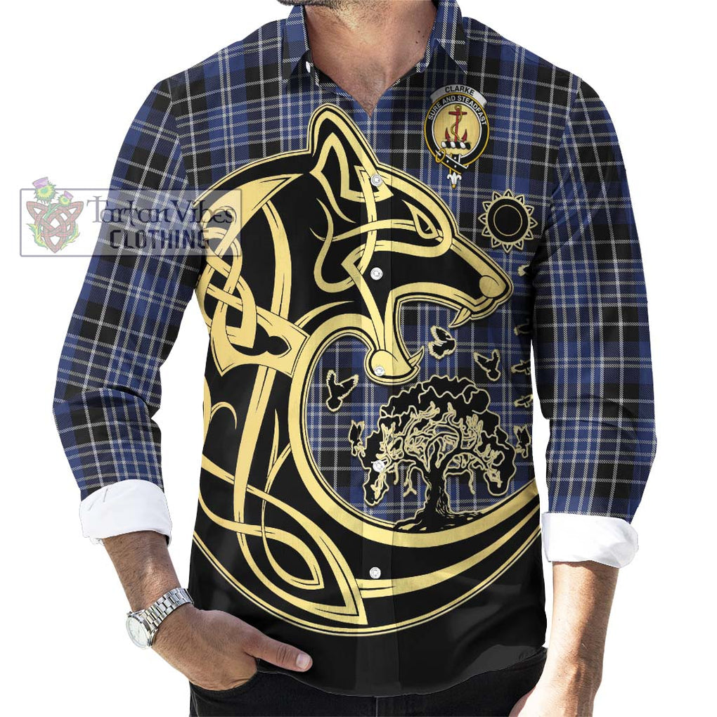 Clarke Tartan Long Sleeve Button Shirt with Family Crest Celtic Wolf Style - Tartan Vibes Clothing