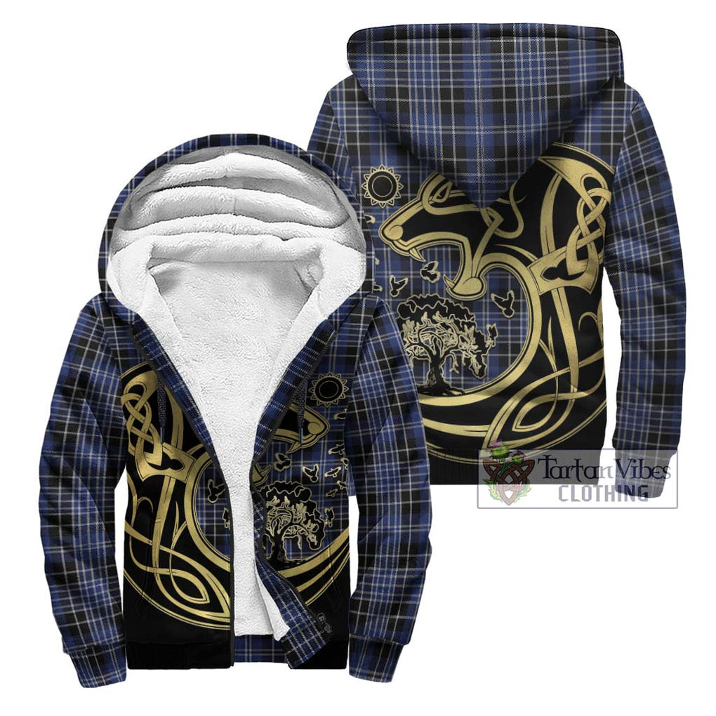 Clarke Tartan Sherpa Hoodie with Family Crest Celtic Wolf Style Unisex - Tartan Vibes Clothing