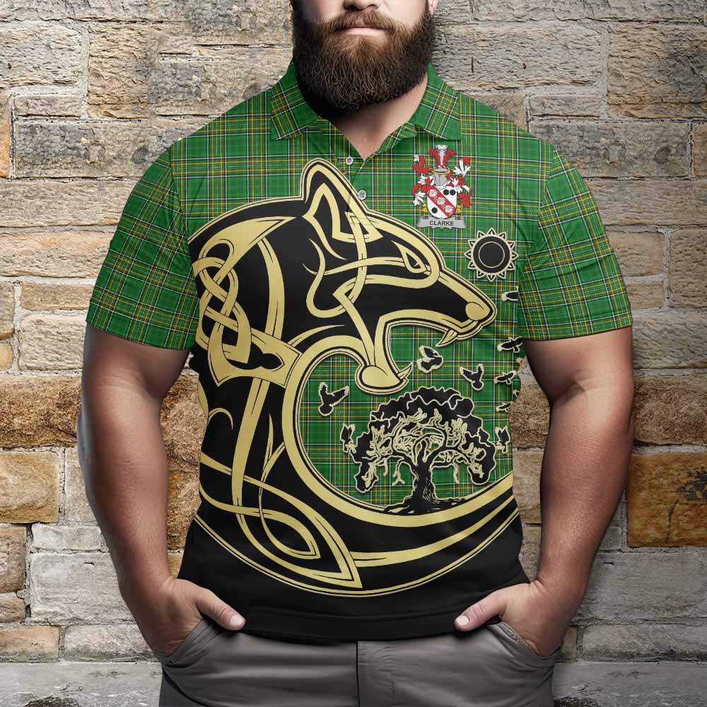 Tartan Vibes Clothing Clarke Irish Tartan Polo Shirt with Coat of Arms Celtic Wolf Style