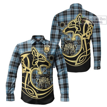 Clarke Ancient Tartan Long Sleeve Button Shirt with Family Crest Celtic Wolf Style Men's Shirt S - Tartan Vibes Clothing