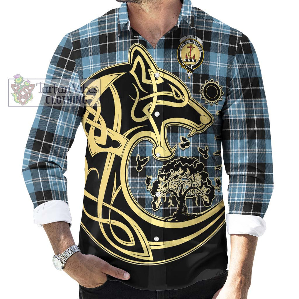 Clarke Ancient Tartan Long Sleeve Button Shirt with Family Crest Celtic Wolf Style - Tartan Vibes Clothing