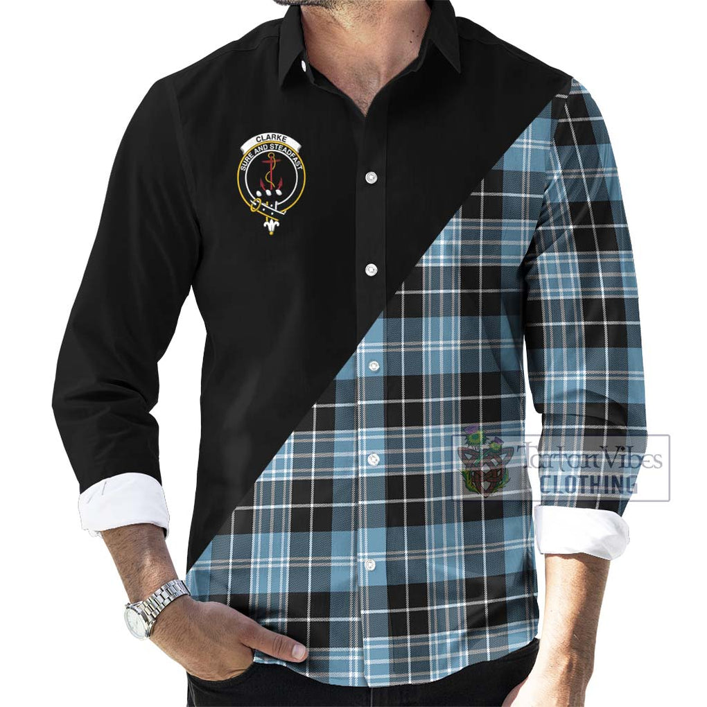 Clarke Ancient Tartan Long Sleeve Button Shirt with Family Crest and Military Logo Style - Tartanvibesclothing Shop