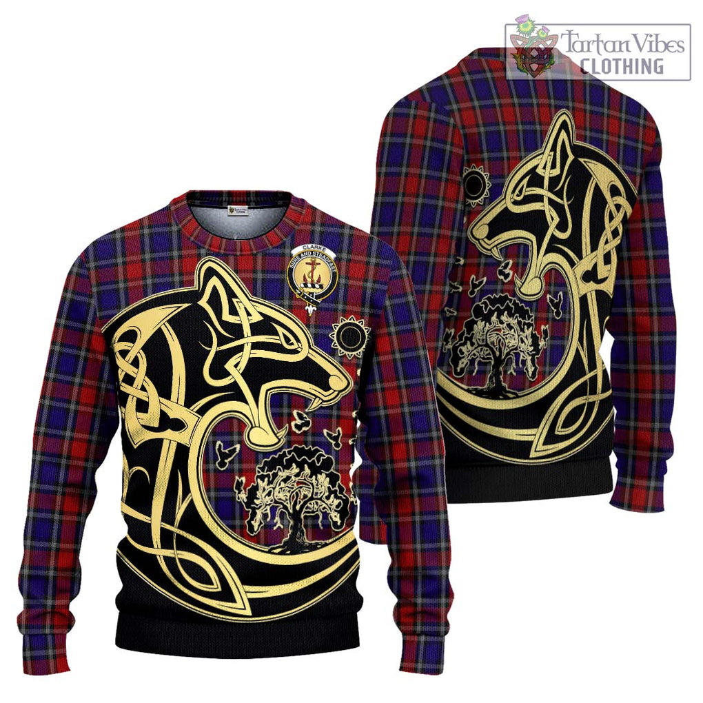 Clarke Red Tartan Ugly Sweater with Family Crest Celtic Wolf Style Unisex - Tartan Vibes Clothing