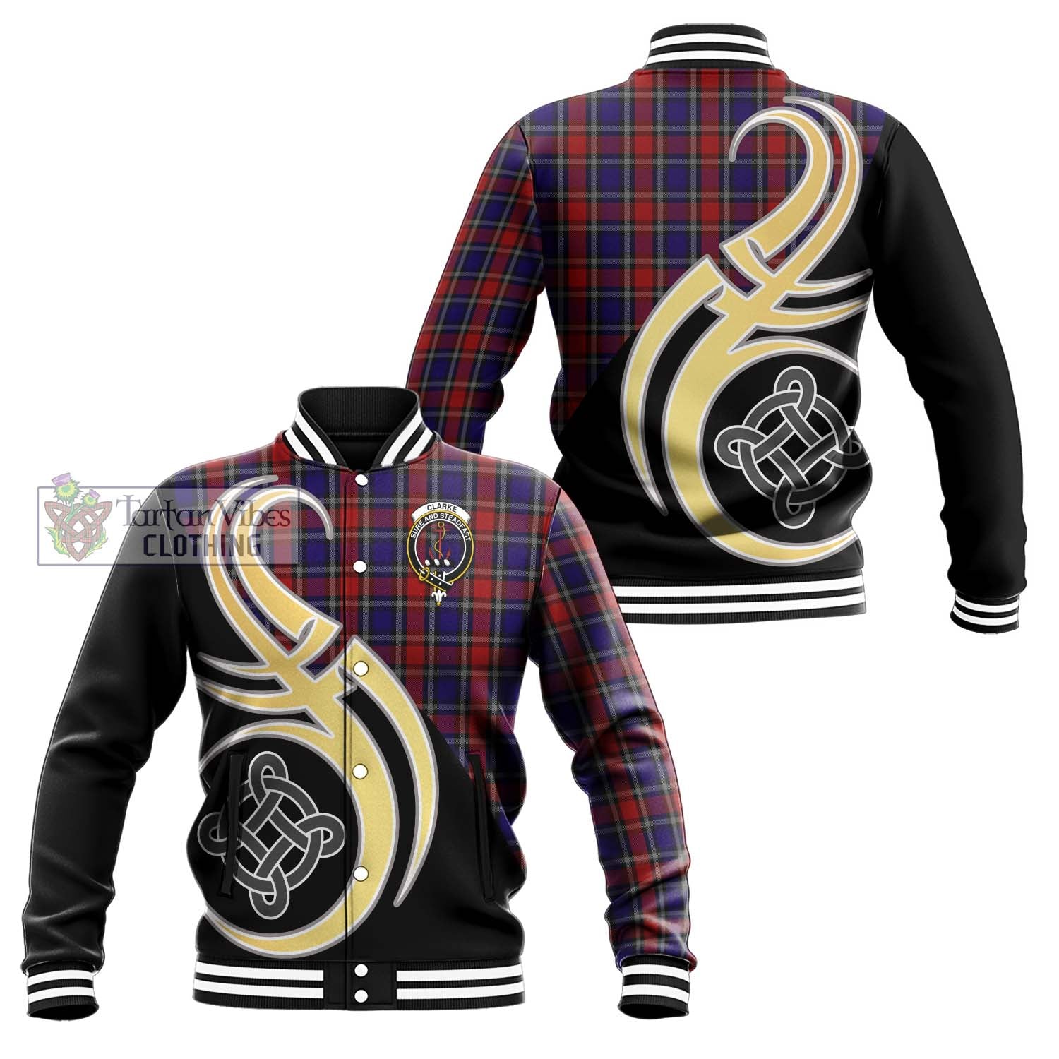 Clarke Red Tartan Baseball Jacket with Family Crest and Celtic Symbol Style Unisex - Tartan Vibes Clothing