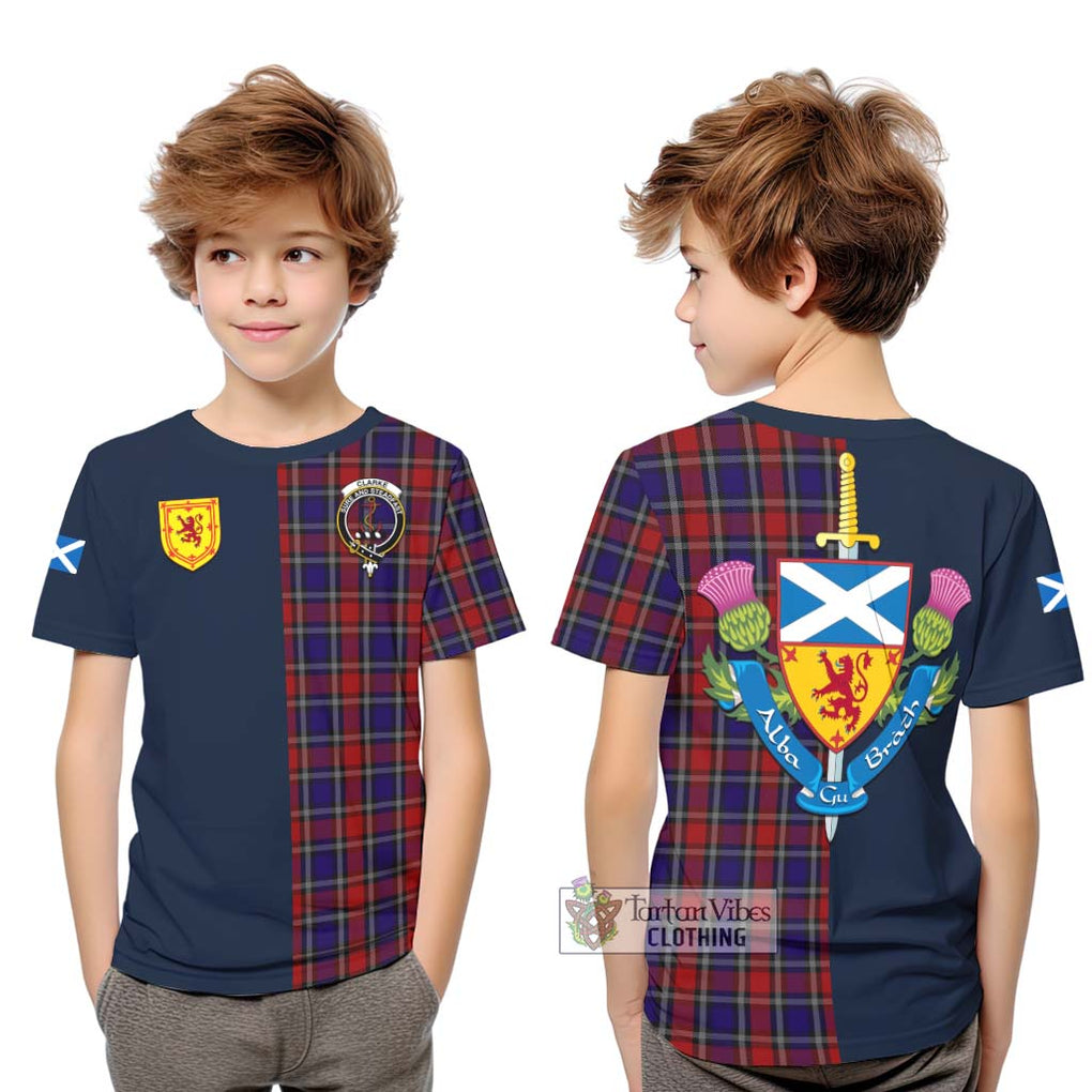 Clarke Red Tartan Kid T-Shirt Alba with Scottish Lion Royal Arm Half Style Youth XL Size14 - Tartan Vibes Clothing