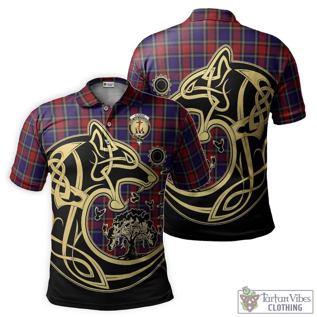 Clarke Red Tartan Polo Shirt with Family Crest Celtic Wolf Style Kid - Tartan Vibes Clothing