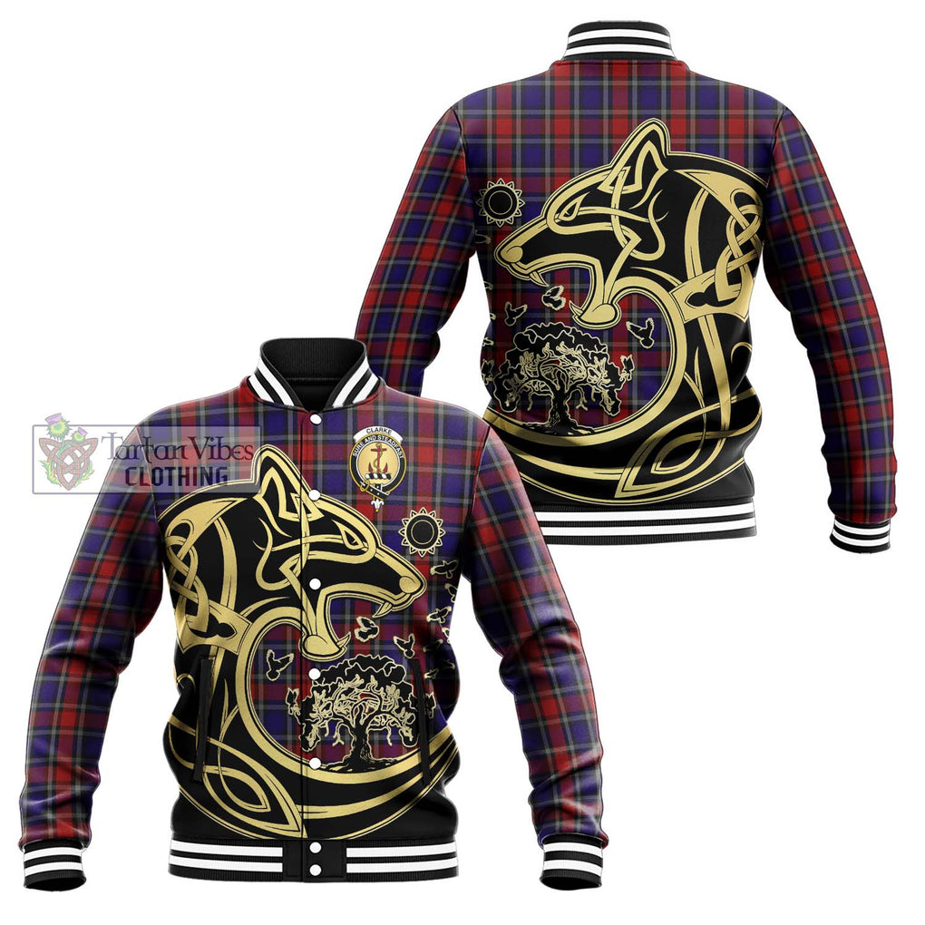 Clarke Red Tartan Baseball Jacket with Family Crest Celtic Wolf Style Unisex - Tartan Vibes Clothing