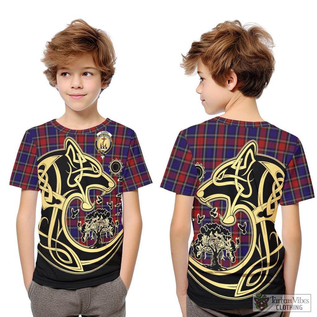 Clarke Red Tartan Kid T-Shirt with Family Crest Celtic Wolf Style Youth XL Size14 - Tartan Vibes Clothing