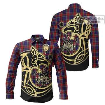 Clarke Red Tartan Long Sleeve Button Shirt with Family Crest Celtic Wolf Style Men's Shirt S - Tartan Vibes Clothing
