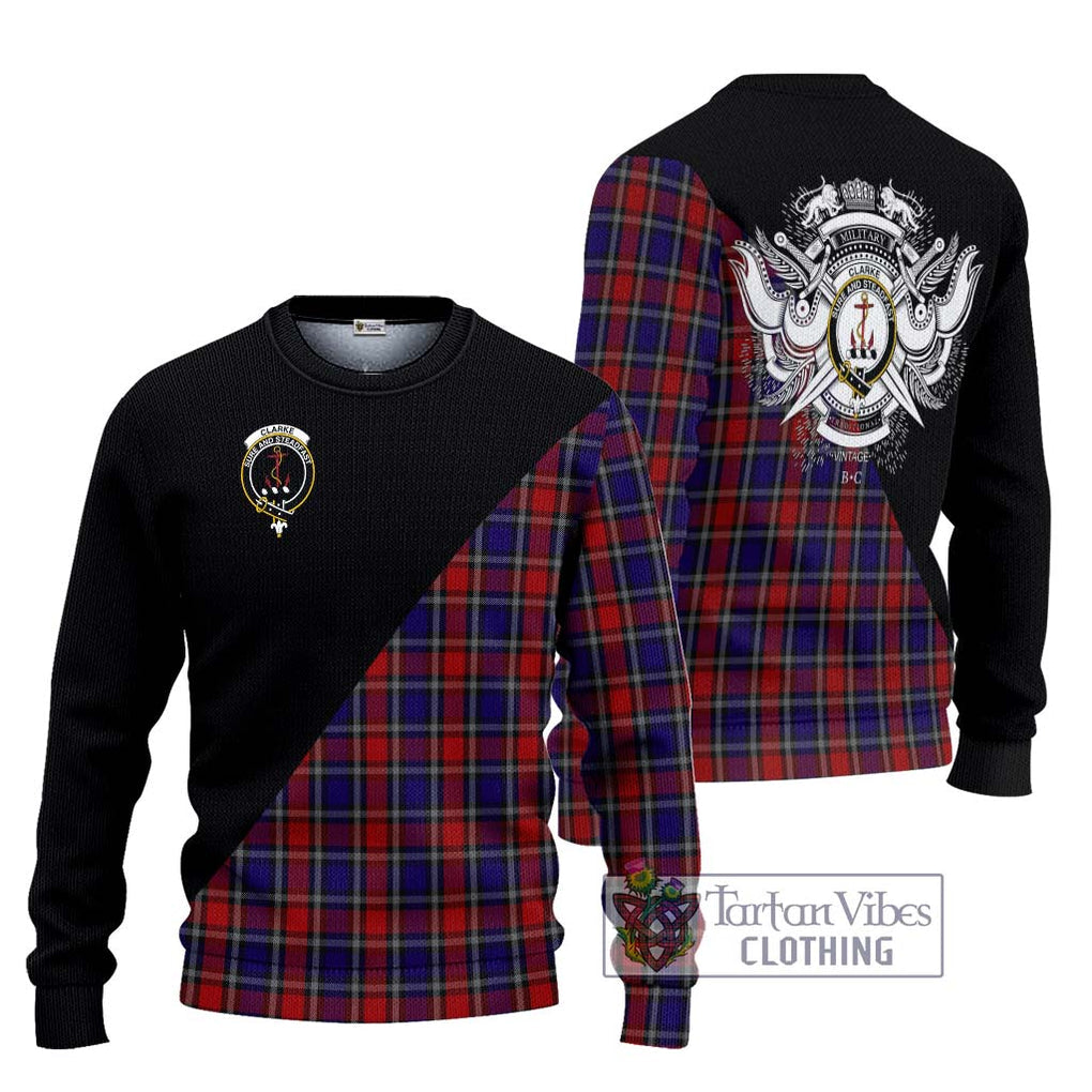 Clarke Red Tartan Ugly Sweater with Family Crest and Military Logo Style Unisex - Tartan Vibes Clothing