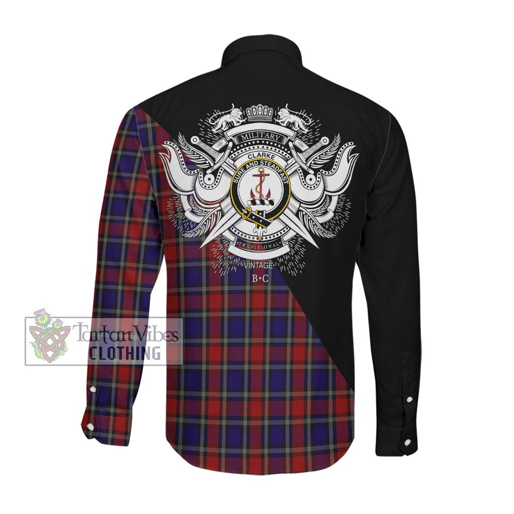 Clarke Red Tartan Long Sleeve Button Shirt with Family Crest and Military Logo Style Men's Shirt - Tartanvibesclothing Shop