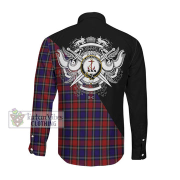 Clarke Red Tartan Long Sleeve Button Shirt with Family Crest and Military Logo Style Men's Shirt - Tartanvibesclothing Shop
