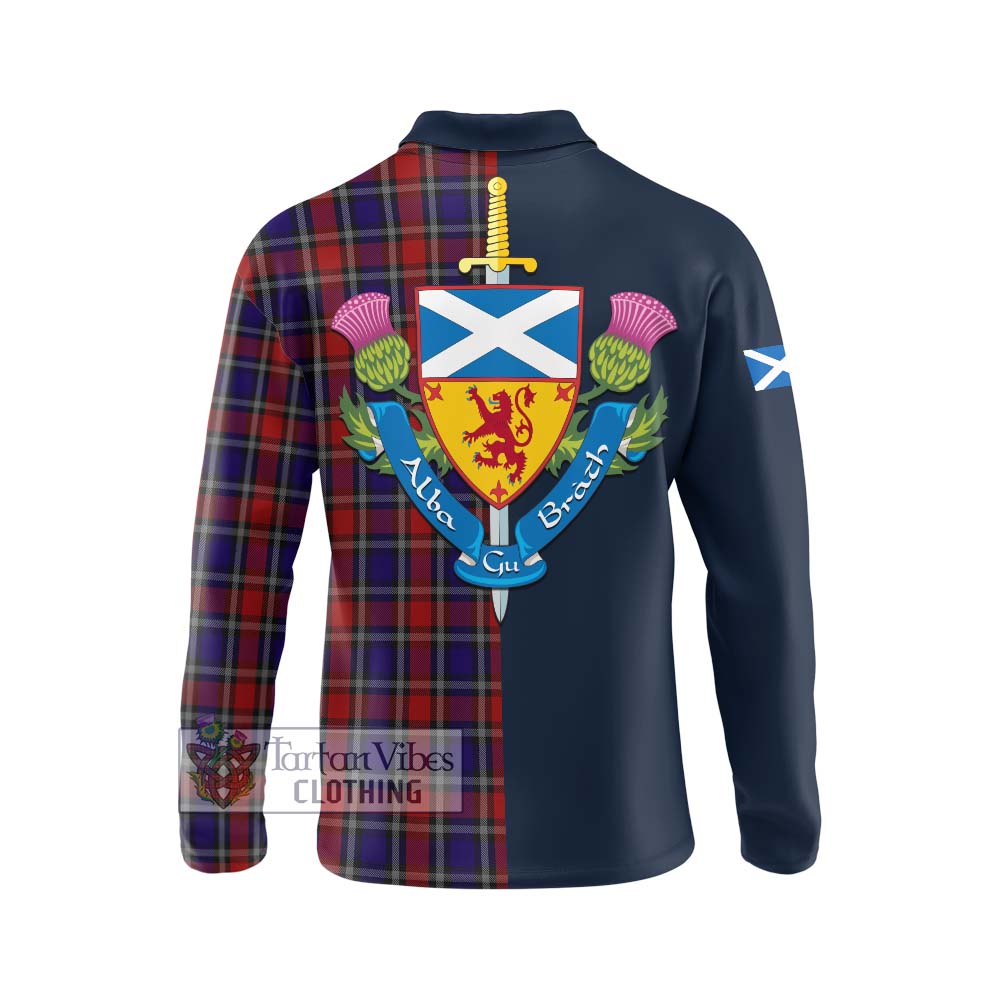 Clarke Red Tartan Long Sleeve Polo Shirt Alba with Scottish Lion Royal Arm Half Style - Tartan Vibes Clothing