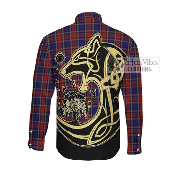 Clarke Red Tartan Long Sleeve Button Shirt with Family Crest Celtic Wolf Style Men's Shirt - Tartan Vibes Clothing