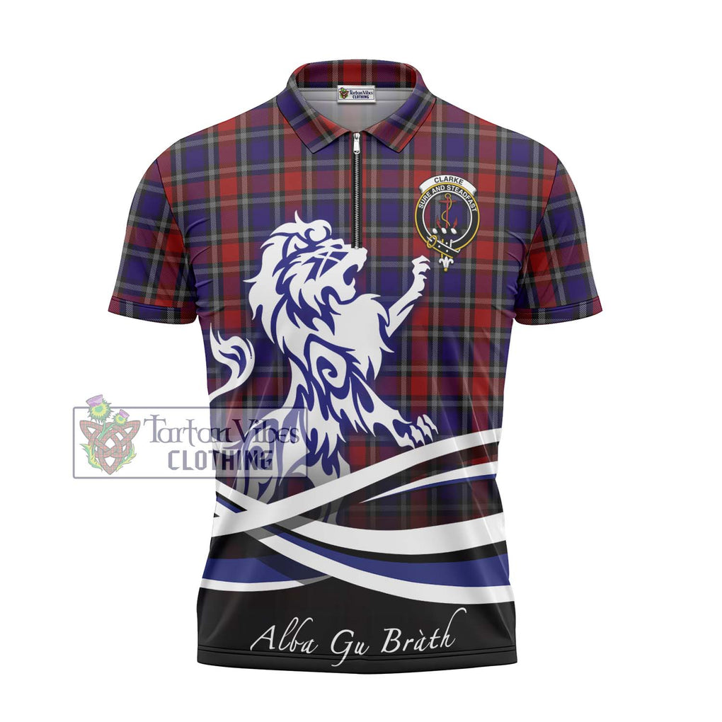 Clarke Red Tartan Zipper Polo Shirt with Alba Gu Brath Regal Lion Emblem - Tartan Vibes Clothing