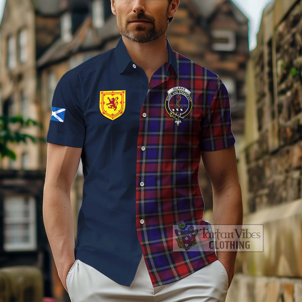Clarke Red Tartan Hawaiian Shirt Alba with Scottish Lion Royal Arm Half Style - Tartan Vibes Clothing