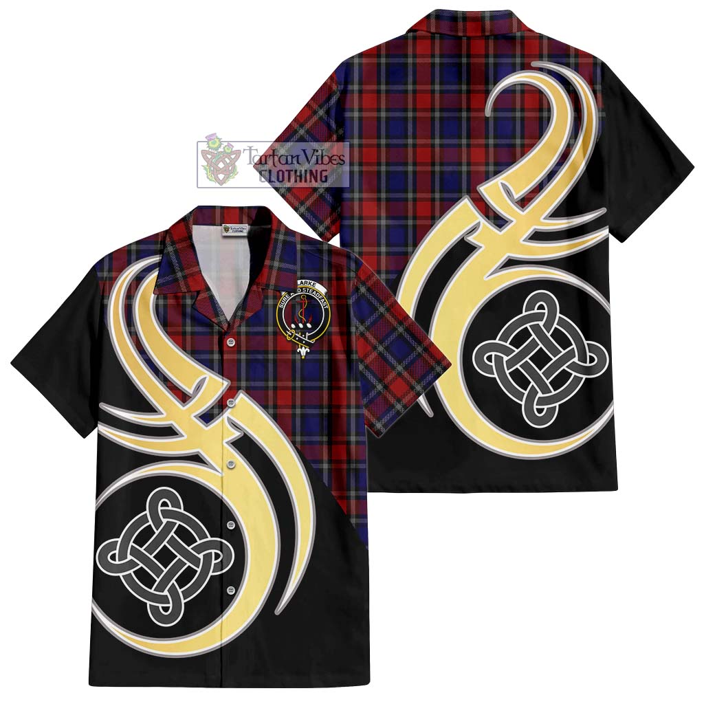 Clarke Red Tartan Hawaiian Shirt with Family Crest and Celtic Symbol Style - Tartan Vibes Clothing