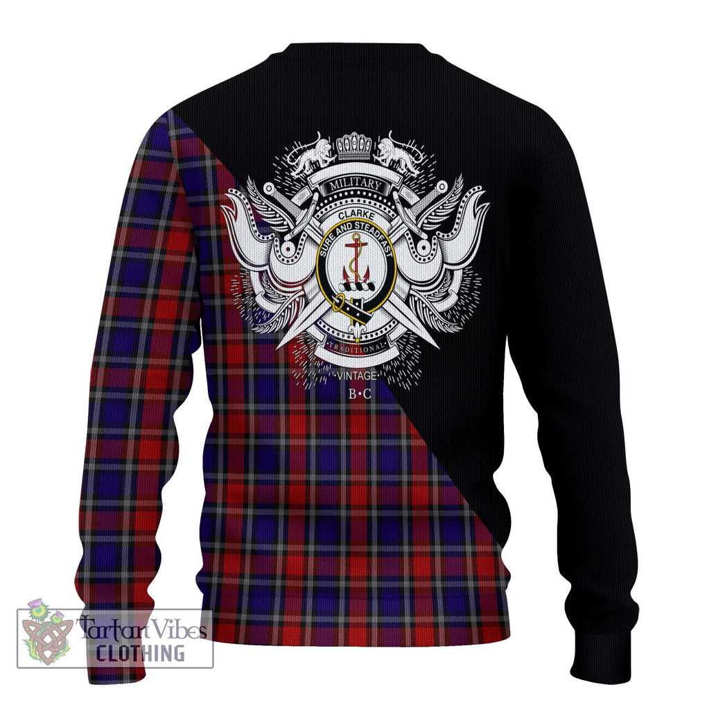 Clarke Red Tartan Ugly Sweater with Family Crest and Military Logo Style - Tartan Vibes Clothing