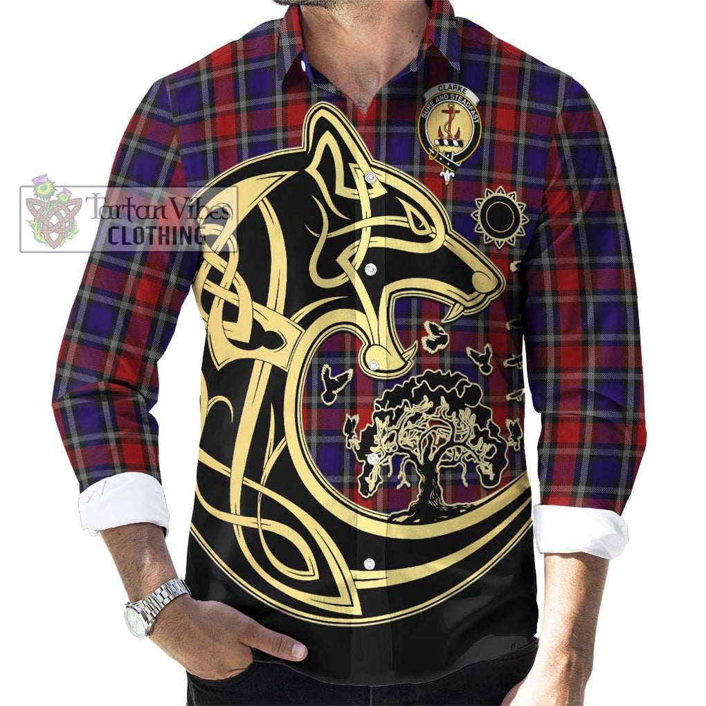 Clarke Red Tartan Long Sleeve Button Shirt with Family Crest Celtic Wolf Style - Tartan Vibes Clothing