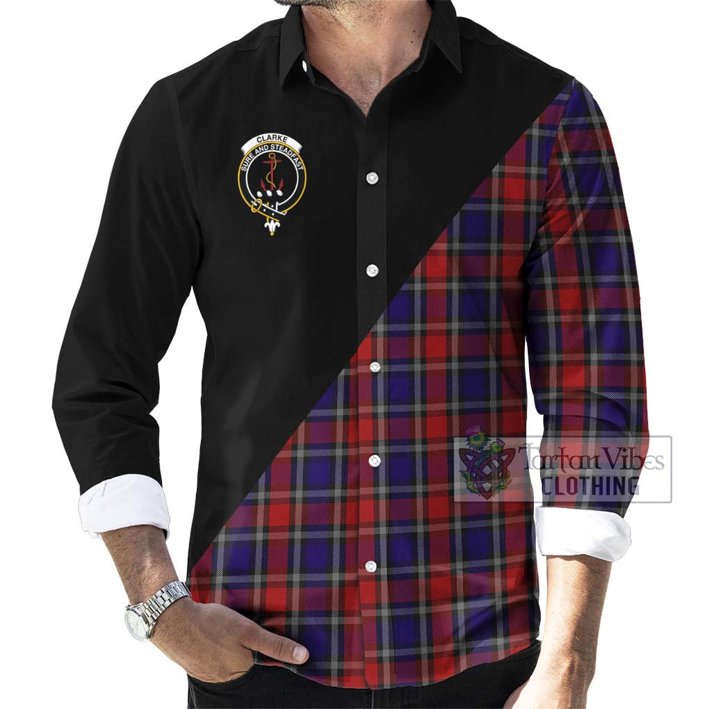 Clarke Red Tartan Long Sleeve Button Shirt with Family Crest and Military Logo Style - Tartanvibesclothing Shop